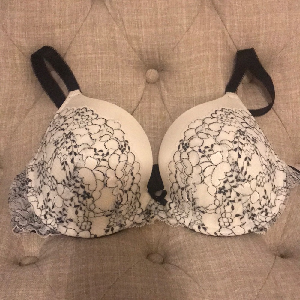 Black and off white lacy Victoria’s Secret bra